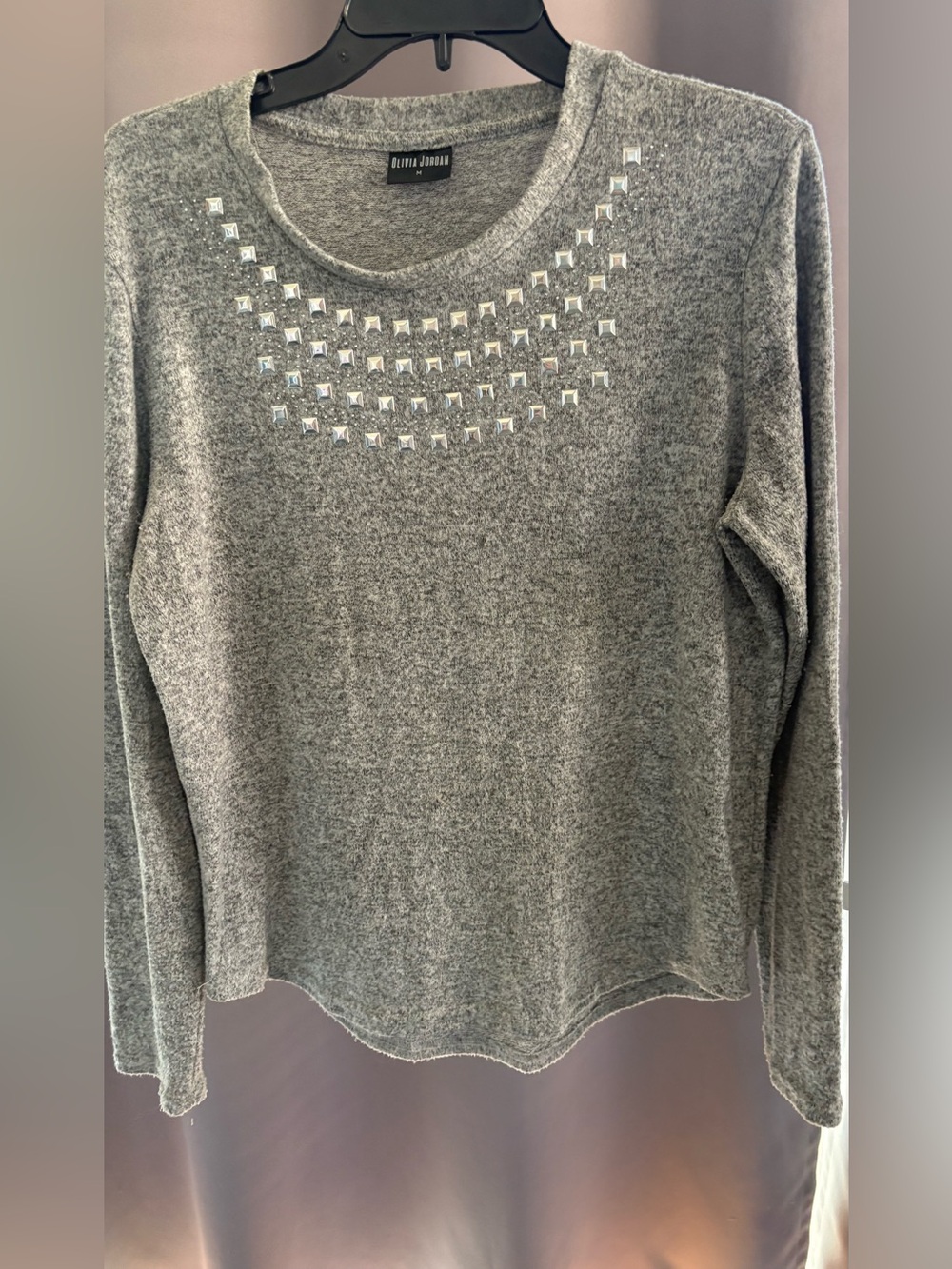 Olivia Jordan Heather Gray Studded Rhinestone Long Sleeve Knit Top Sweater M